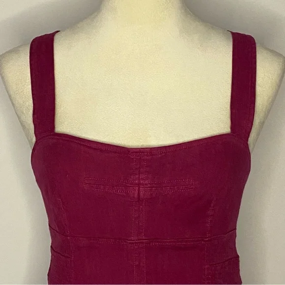 Anthropologie Square Neck Linen Blend Mini Cargo Stretch Dress 6 Burgundy Boho - Picture 5 of 13